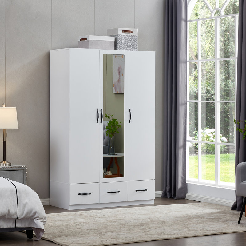 Ebern Designs Attebery Solid Wood Wardrobe Closet with Mirror 2 Hanging Rods and 3 Drawers Wayfair